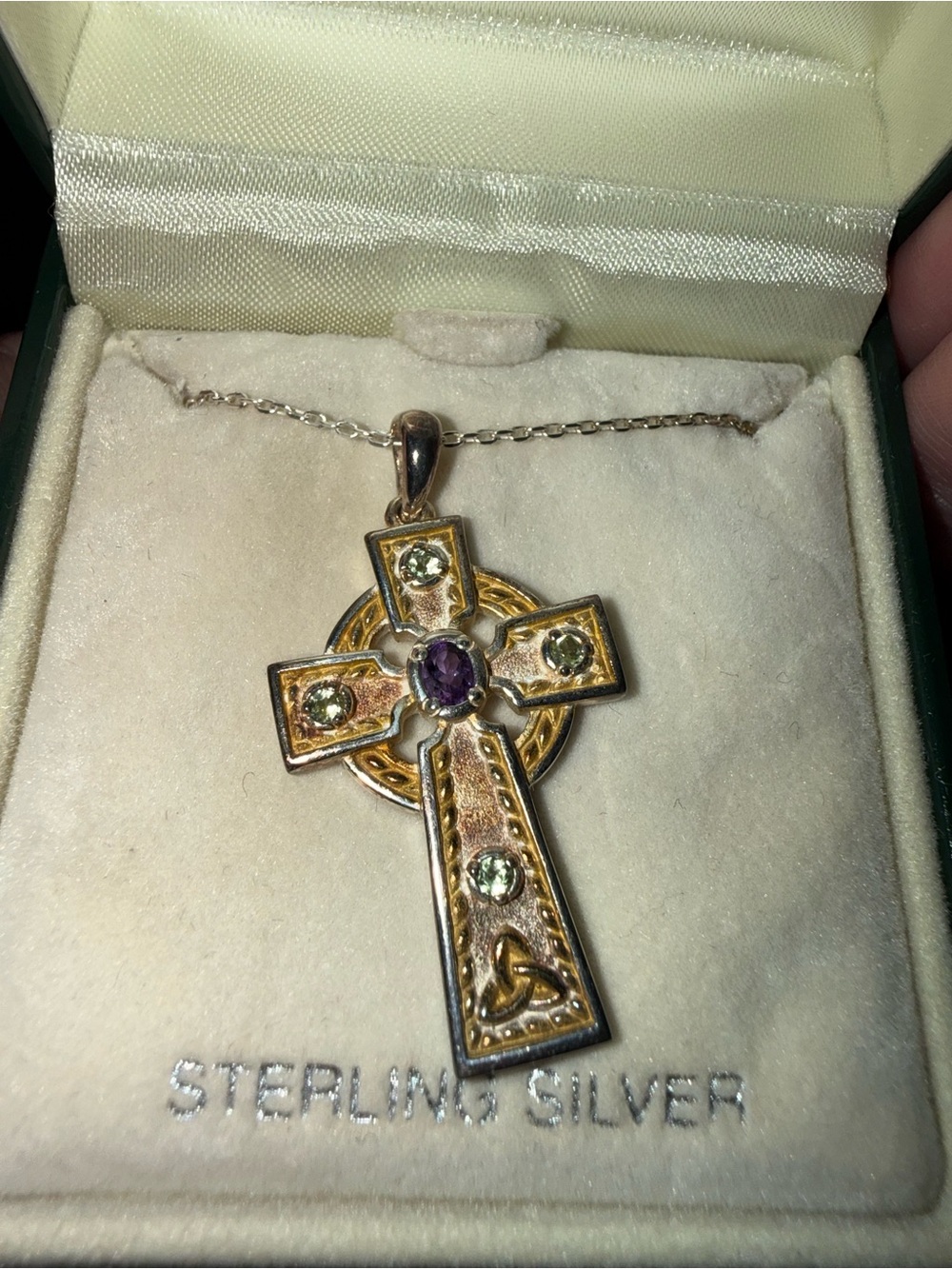Vintage Celtic Cross Pendant with Green Stones and Amethyst